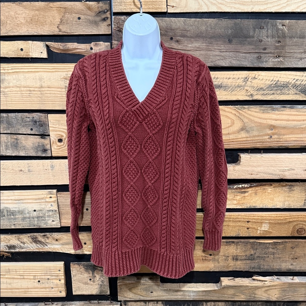 LL Bean Sweater Womens Small Orange Cable Knit Cotton V-Neck Fisherman Knit